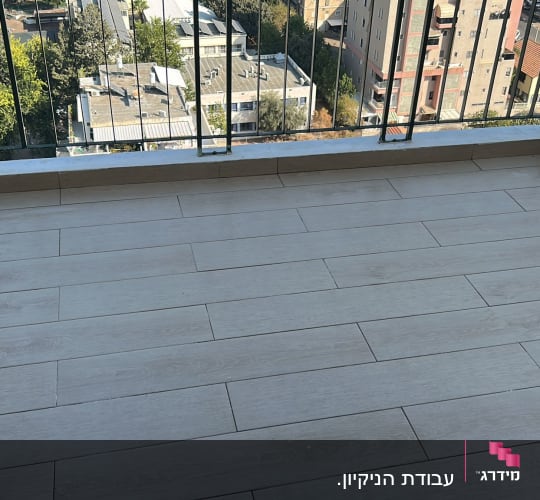 מרפסת נקייה עם רצפת עץ וצמח בפינה